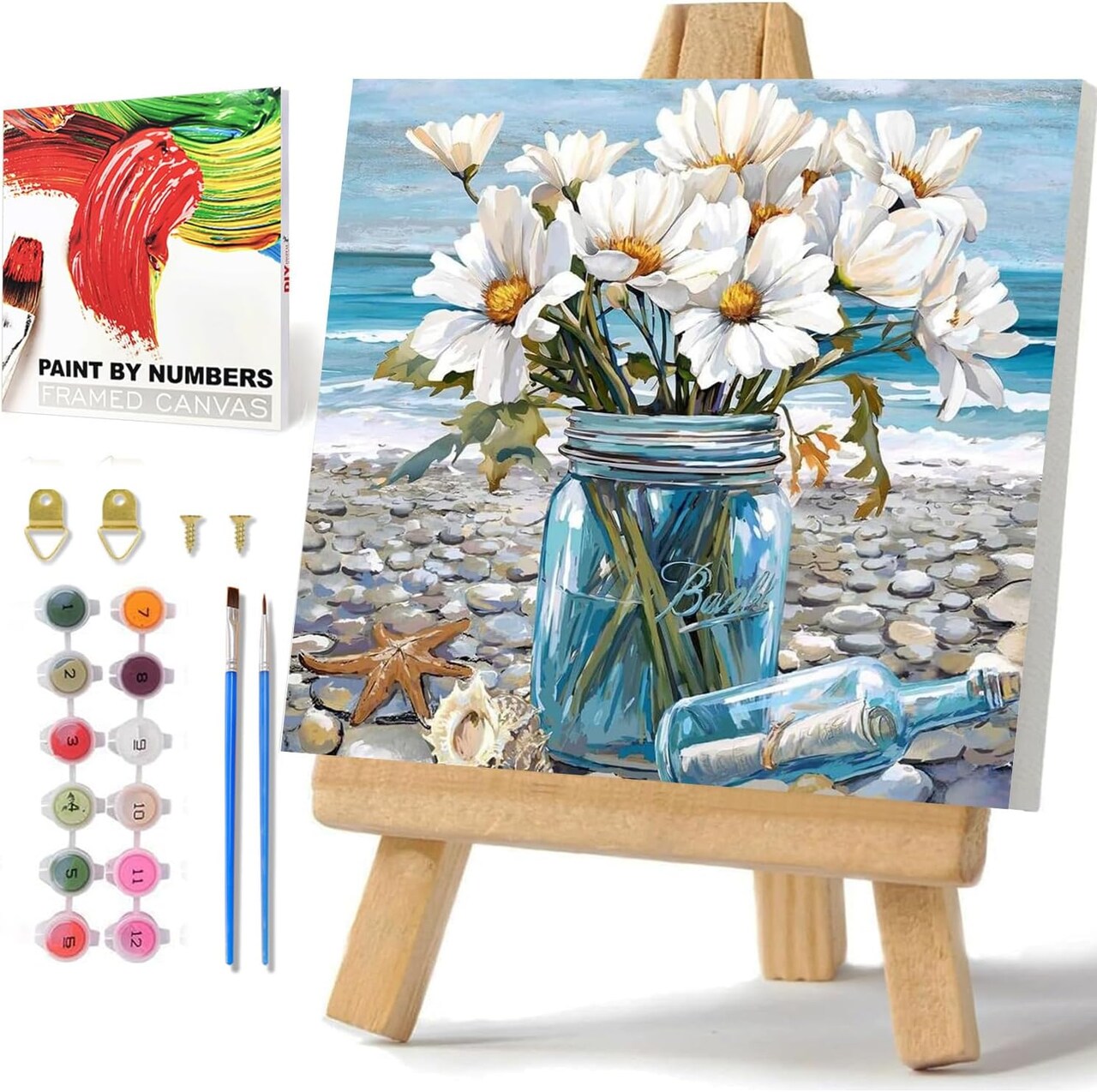 Flowers Paint by Numbers Kit for Adults – 9.84"x9.84" Daisy DIY Acrylic Painting with Frame & Easel – Beginner-Friendly Gift & Home Wall Decor